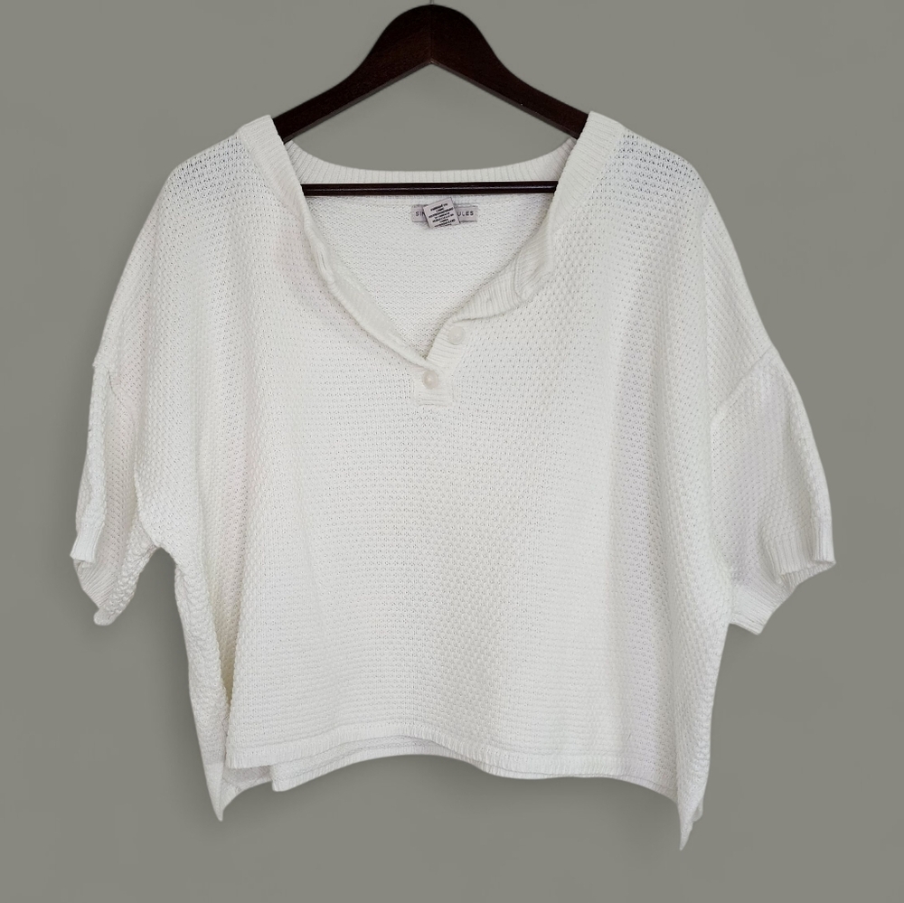 Sincerely Jules Women's White Knit Short Sleeve Cropped Sweater Top Large Casual